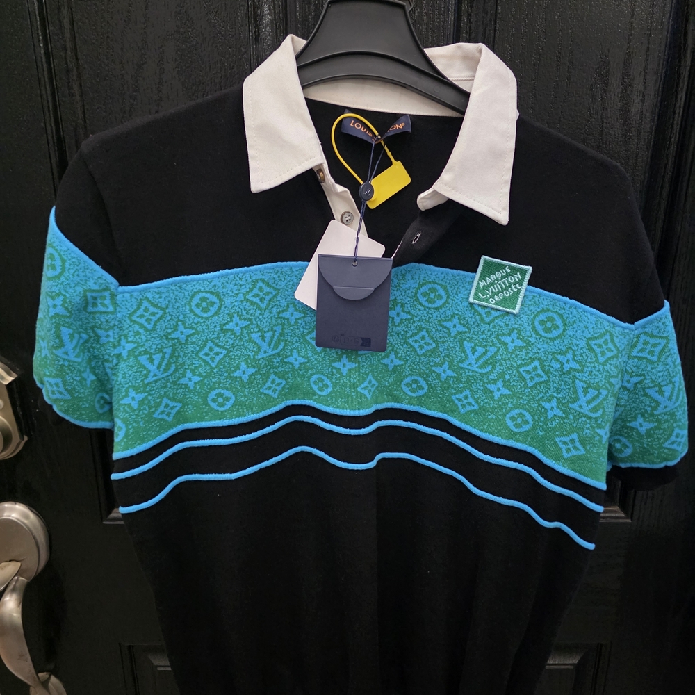 Louis Vuitton Men’s Black & Teal Logo Stripe Polo Shirt